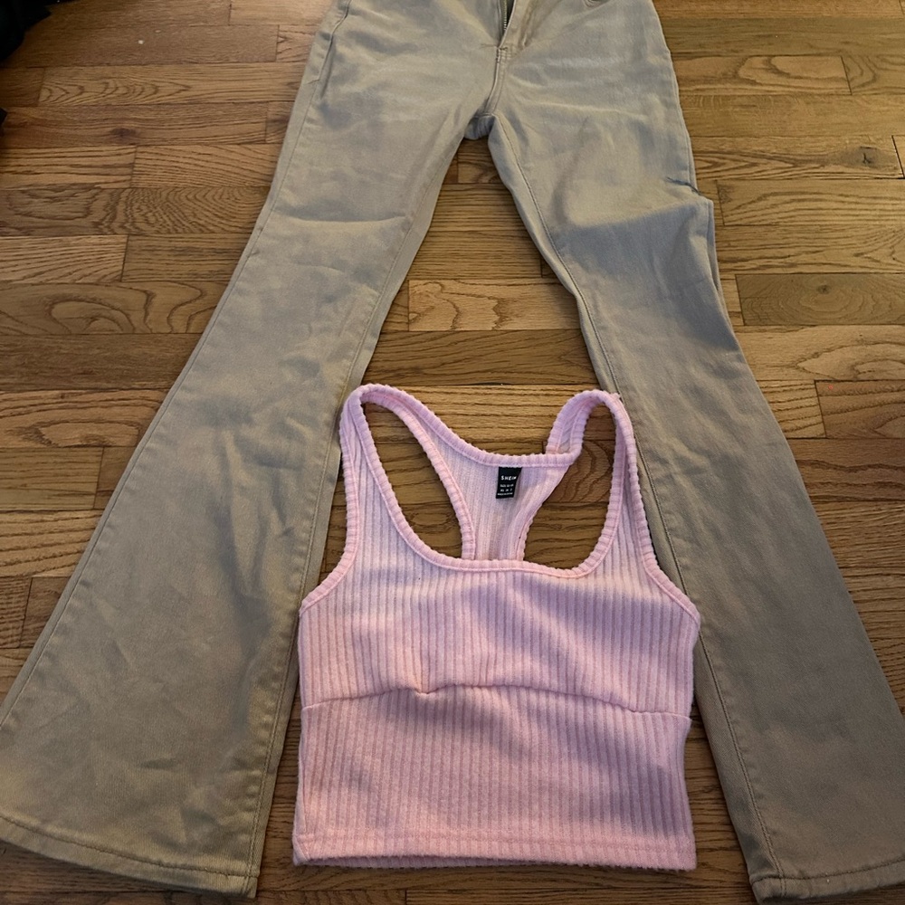 SHEIN Tan / khaki jeans & pink sweater material crop top - NWOT